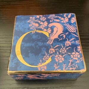 Antropologie Venice Monogram Gold C Trinket Box Lidded Pink Bird Blue Ceramic.